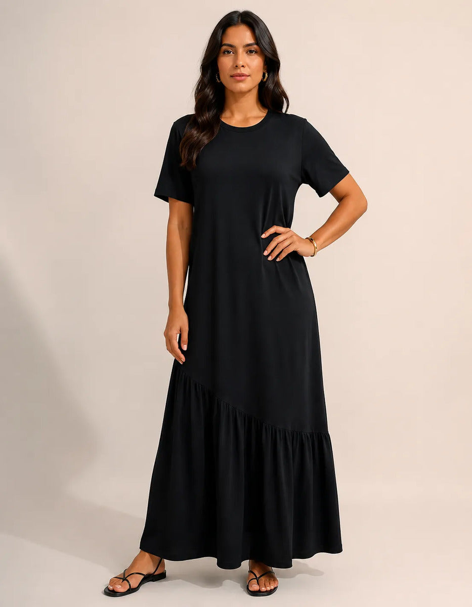 Vestido Longo Feminino Babado Assimétrico Malha Algodão Preto
