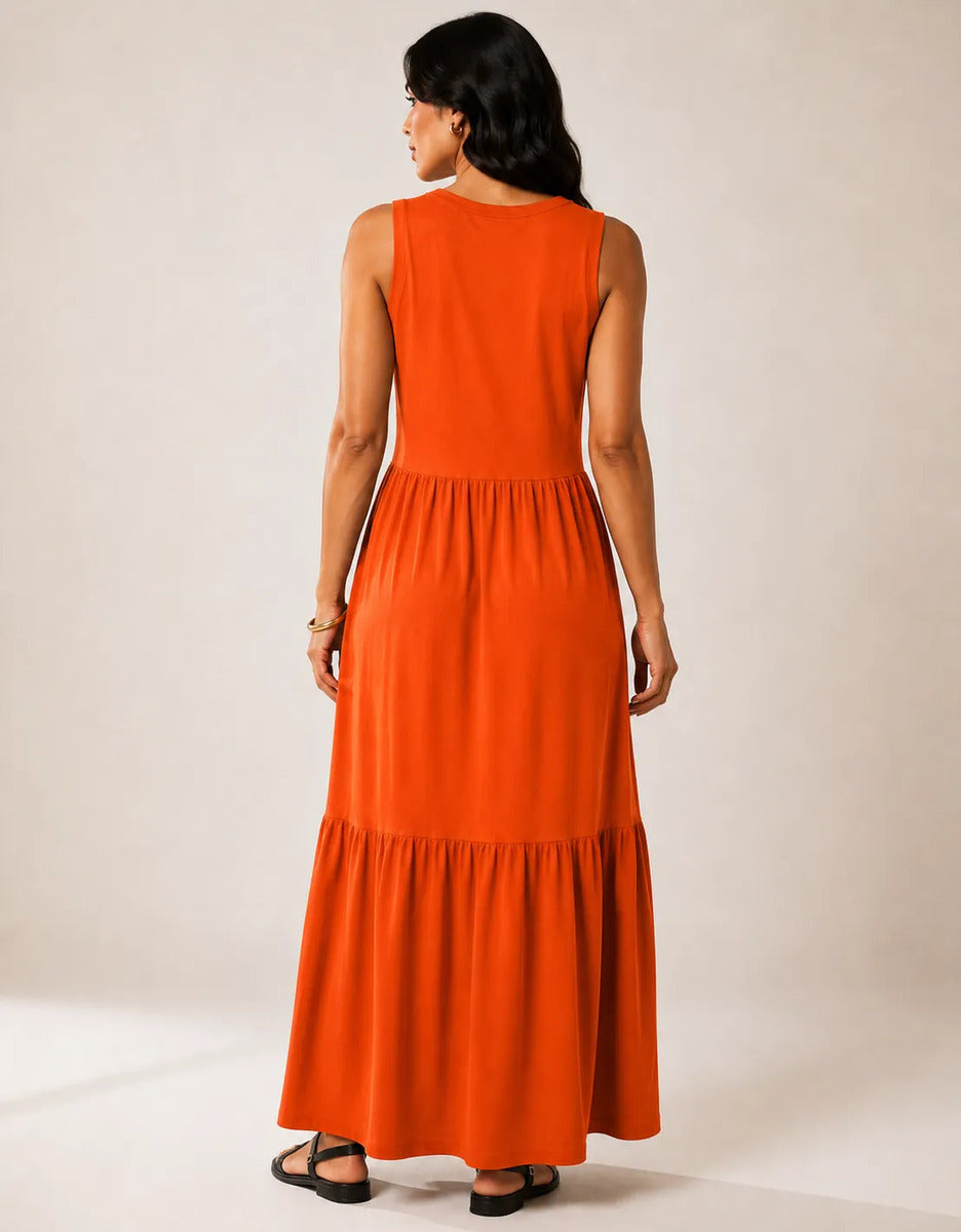 Vestido Longo Feminino Regata Três Marias Algodão Soltinho Laranja