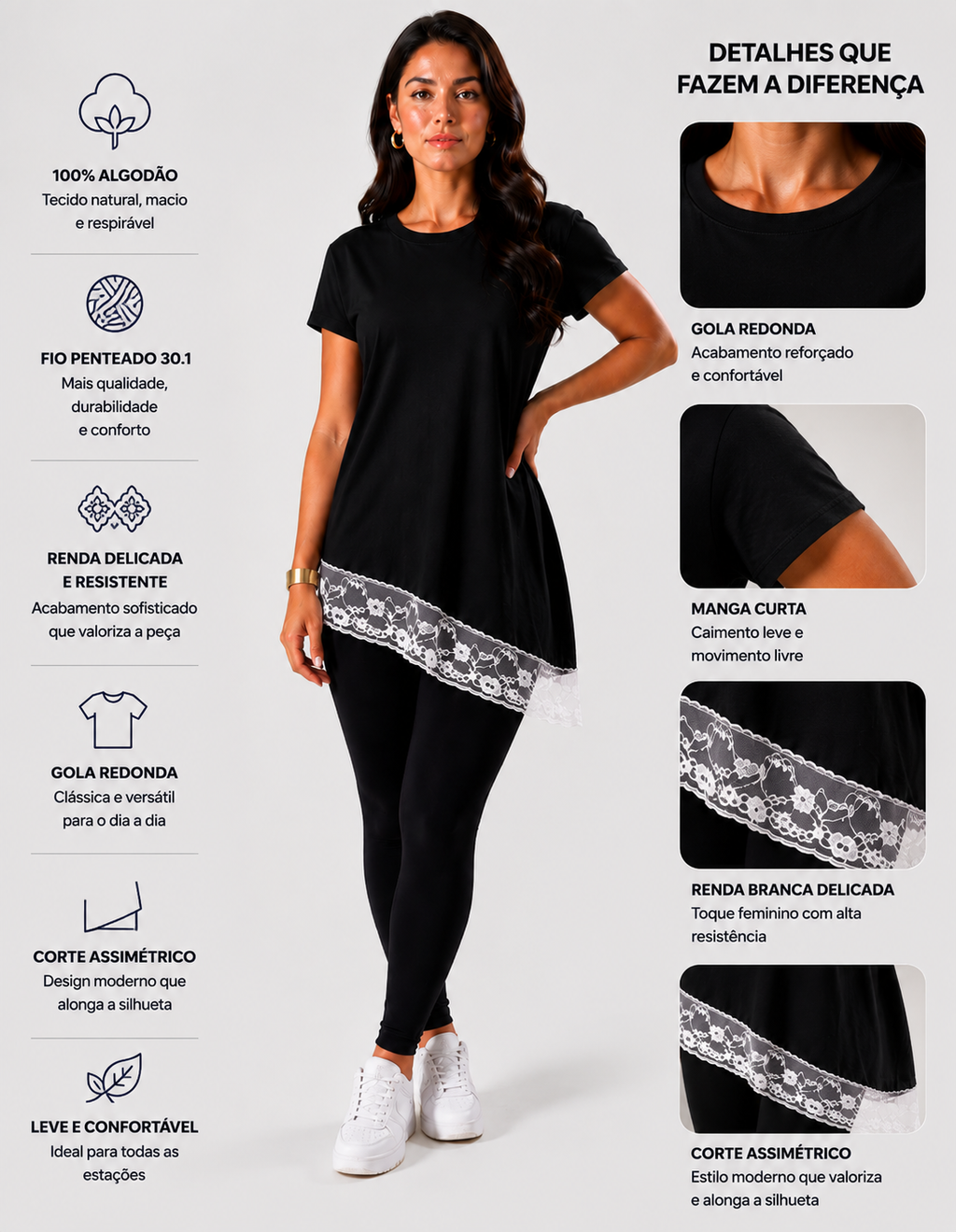 Blusa Assimétrica Feminina com Renda Preta