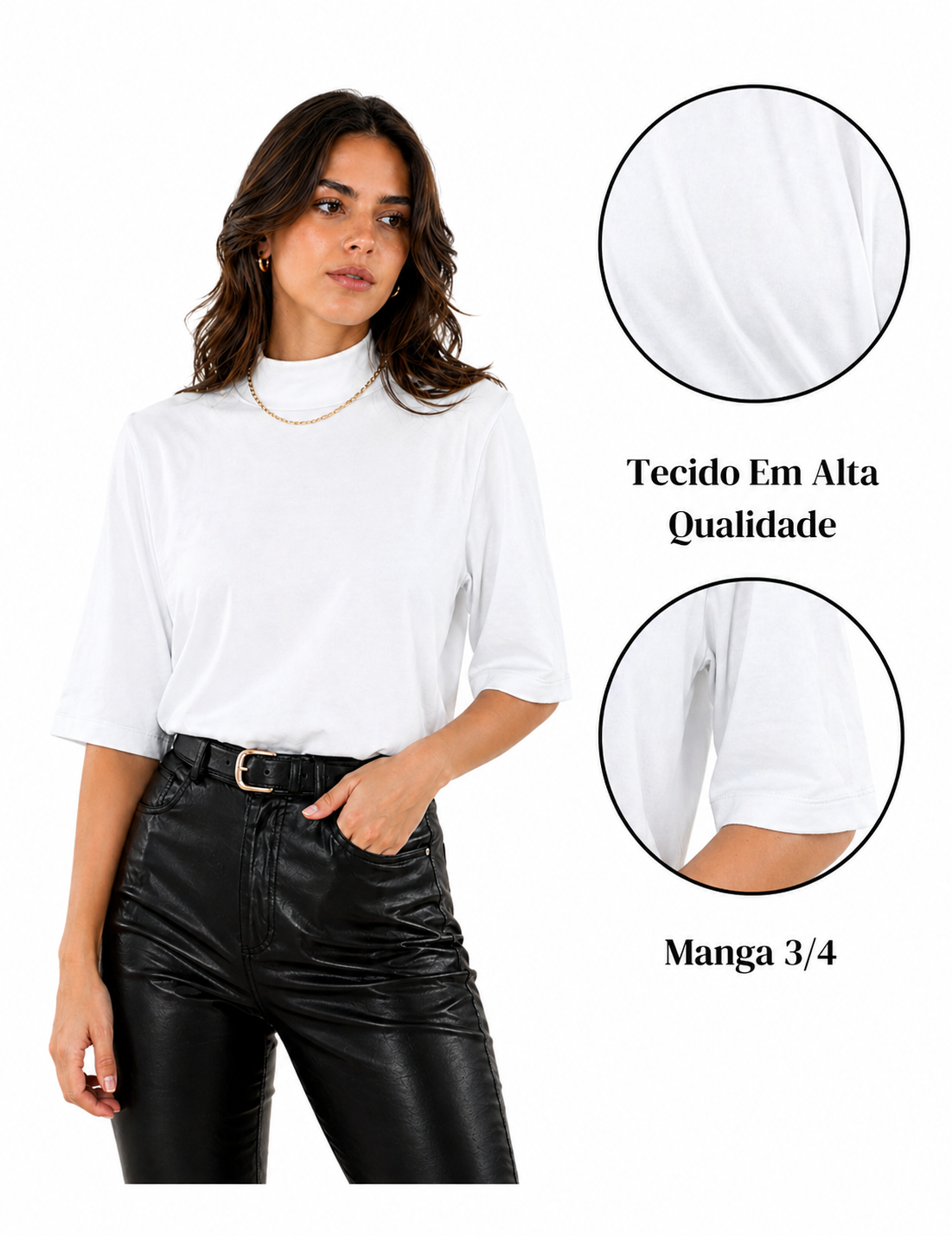 Camiseta Feminina T-shirt Aveloz Gola Alta E Manga 3/4 Branco