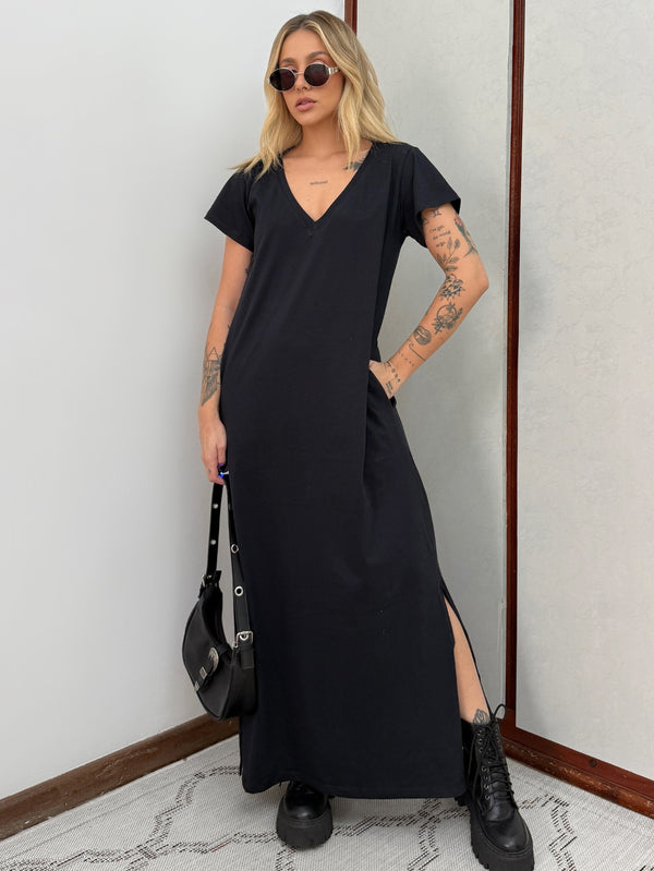 Vestido Longo de Algodão com Bolso Decote V Preto