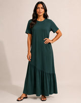 Vestido Longo Feminino Babado Assimétrico Malha Algodão Verde-escuro
