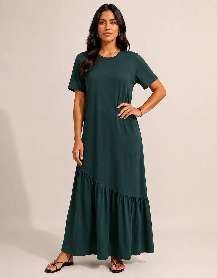 Vestido Longo Feminino Babado Assimétrico Malha Algodão Verde-escuro