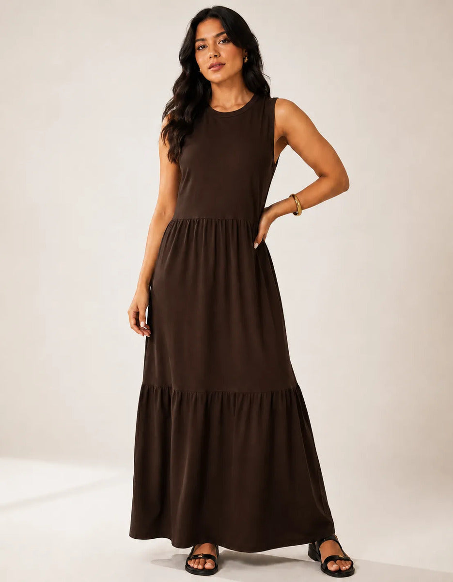 Vestido Longo Feminino Regata Três Marias Algodão Soltinho Marrom-escuro