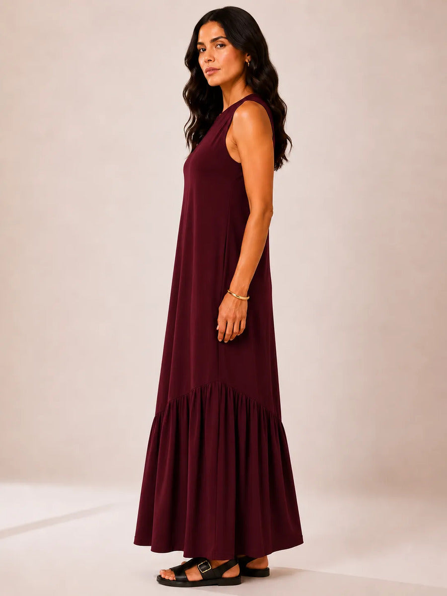 Vestido Longo Feminino Regata Babado Assimétrico Algodão Bordô