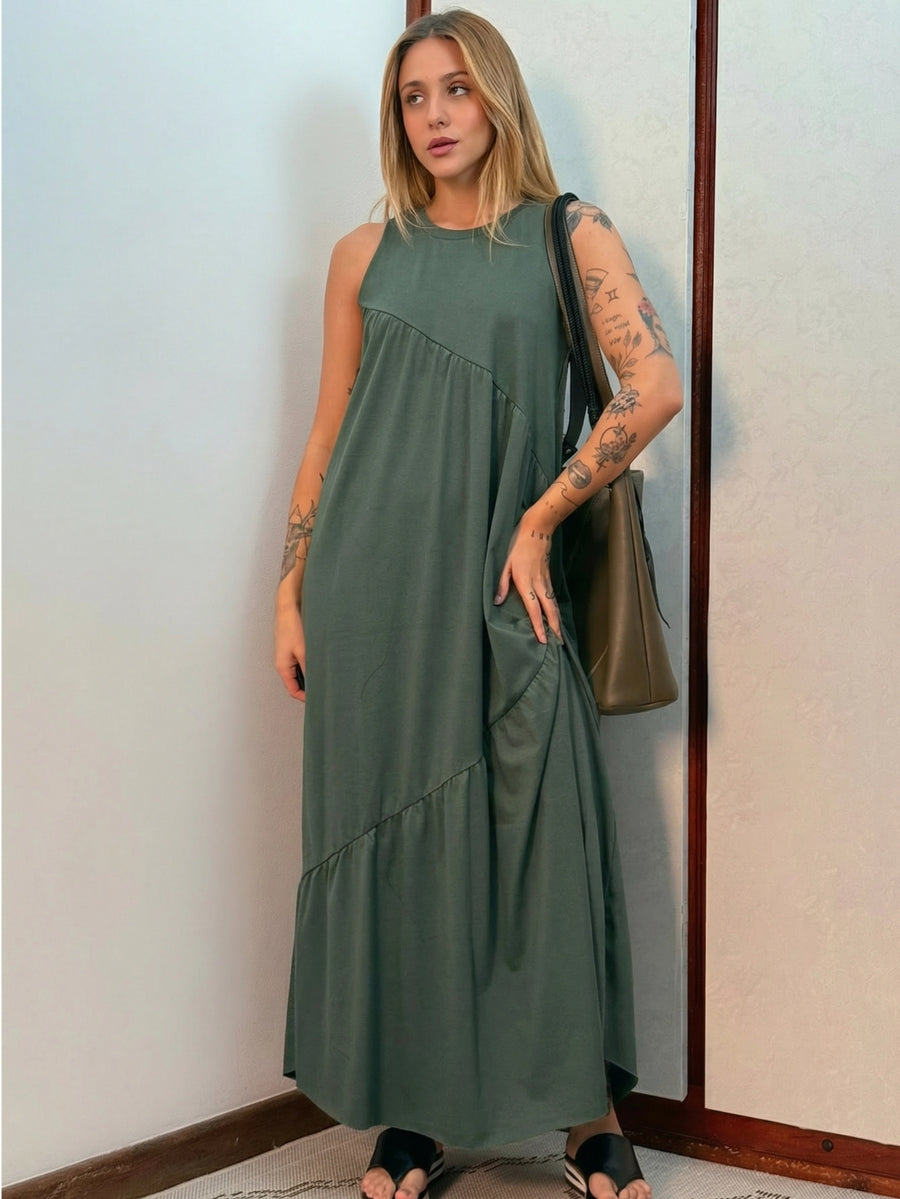 Vestido Longo Feminino Soltinho malha algodão Aveloz Verde Oliva