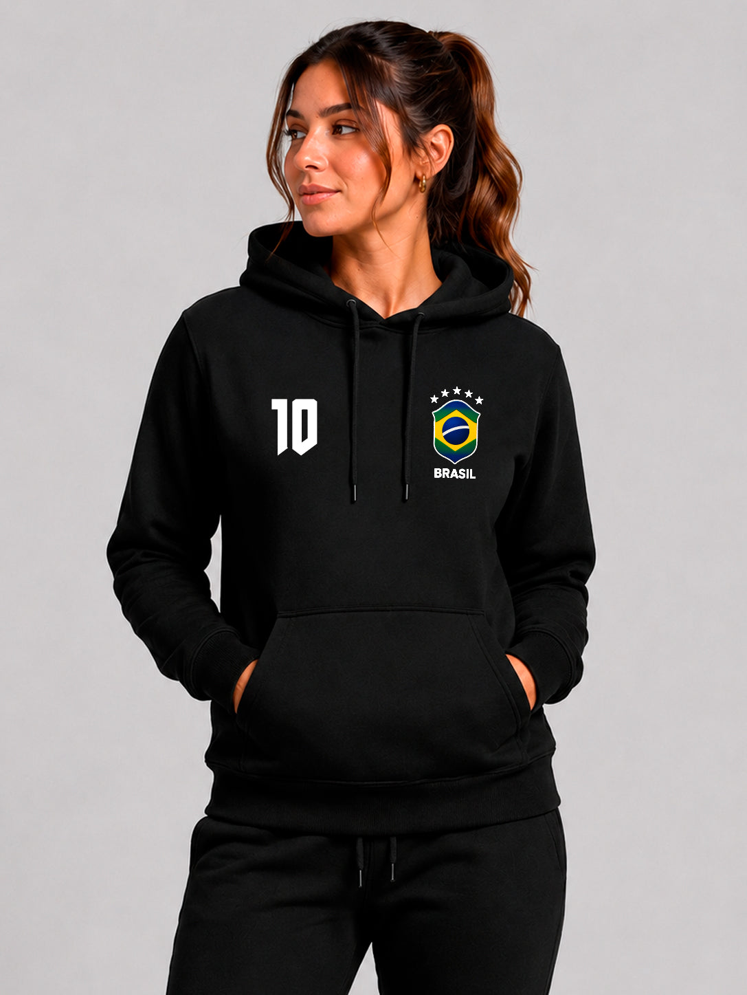 Moletom Feminino Canguru Estampa Brasil Torcedor Preto