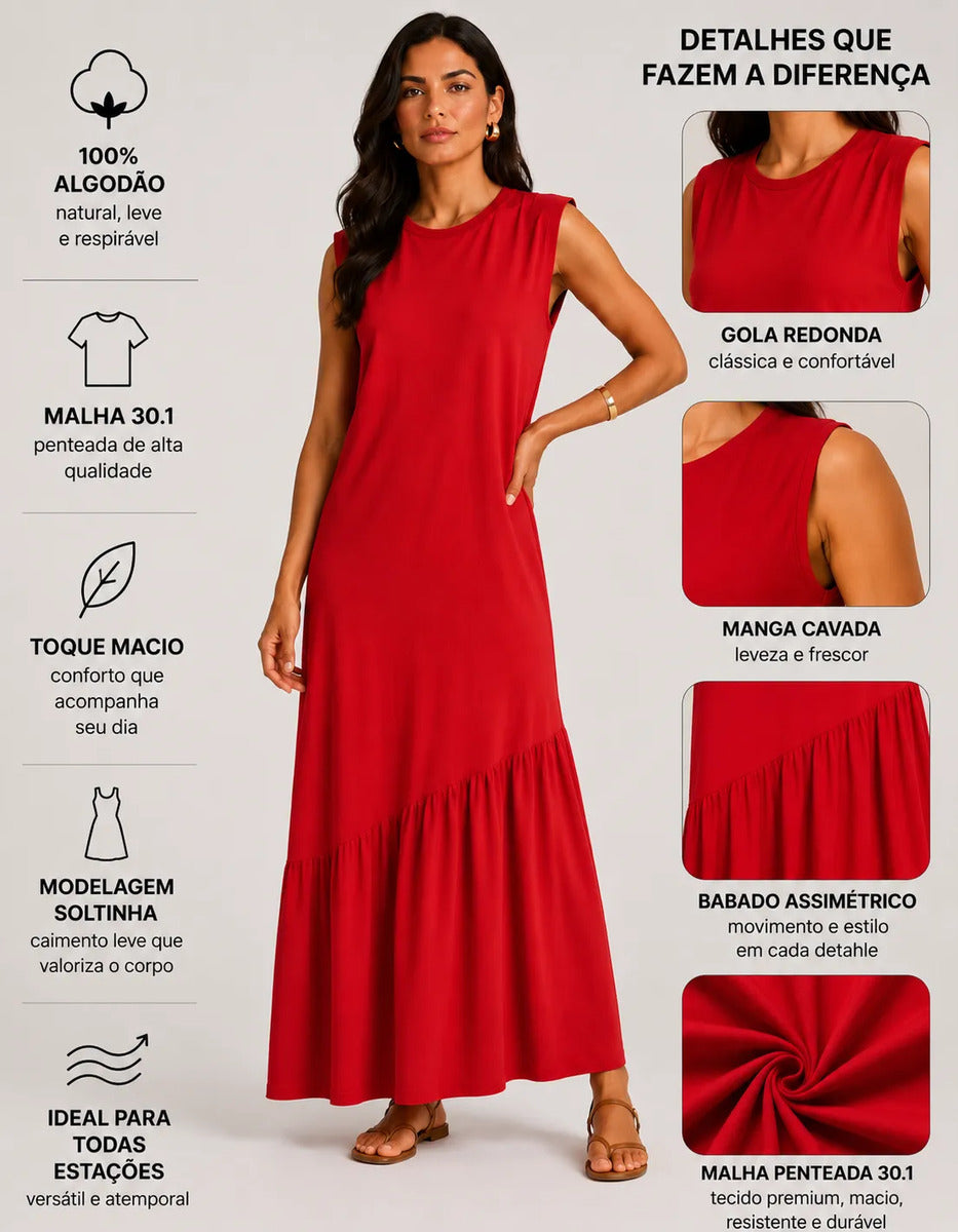 Vestido Longo Feminino Regata Babado Assimétrico Algodão Vermelho