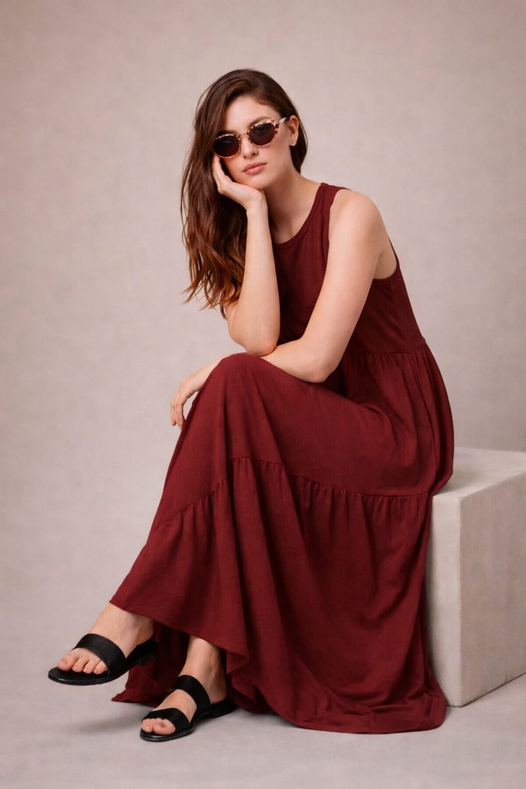 Vestido Longo Feminino Soltinho malha algodão Aveloz Bordô