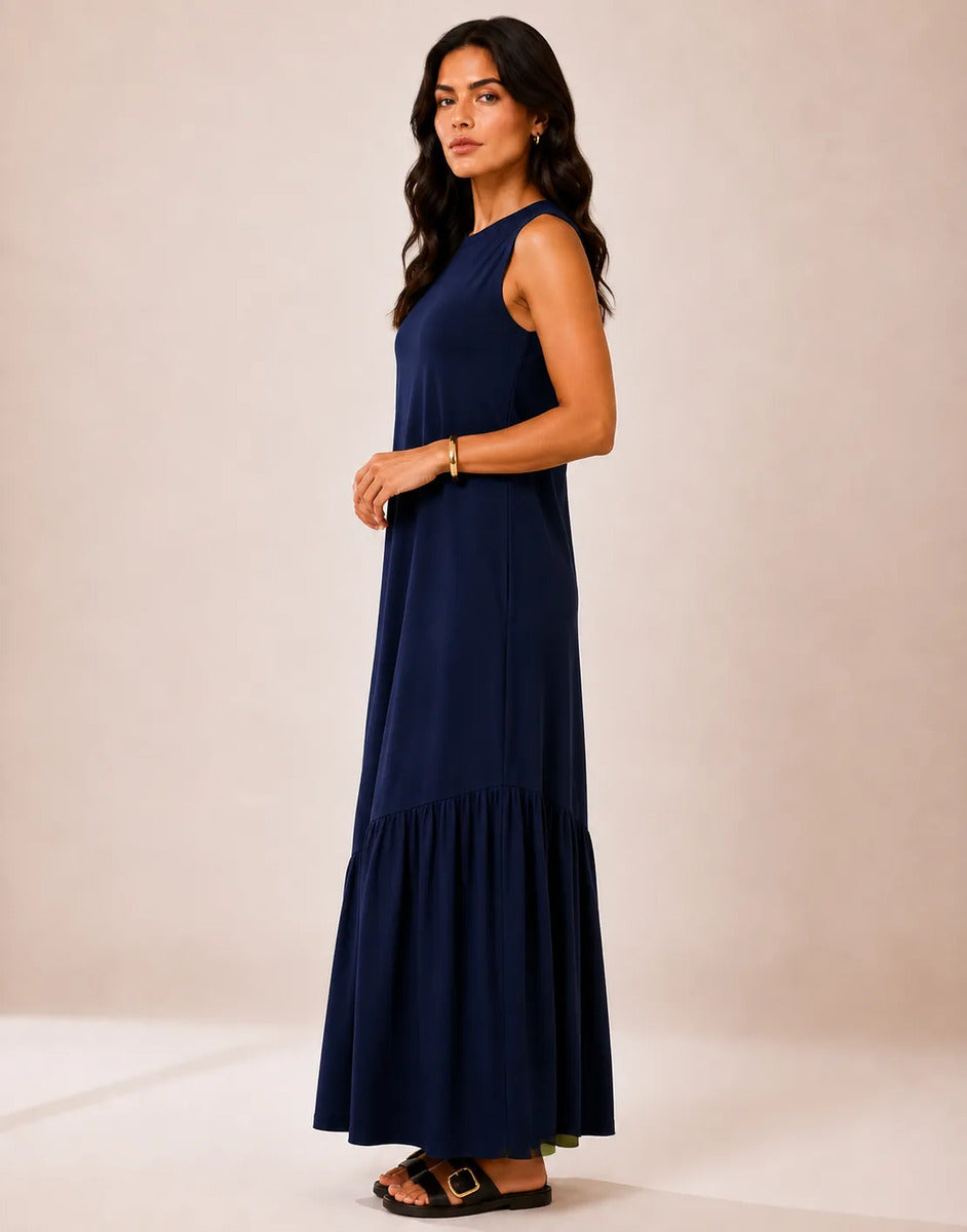 Vestido Longo Feminino Regata Babado Assimétrico Algodão Azul-marinho