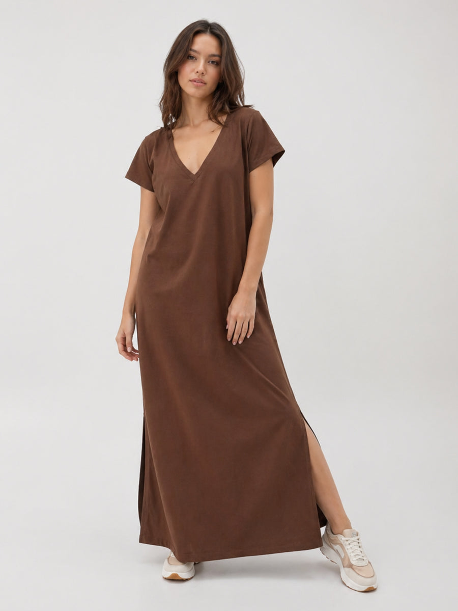 Vestido Longo de Algodão com Bolso Decote V Marrom