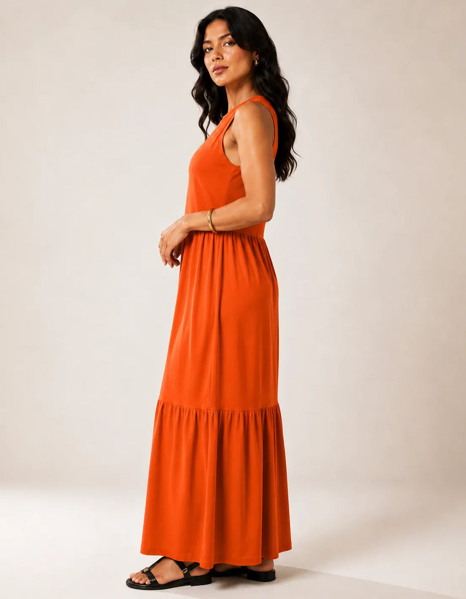 Vestido Longo Feminino Regata Três Marias Algodão Soltinho Laranja