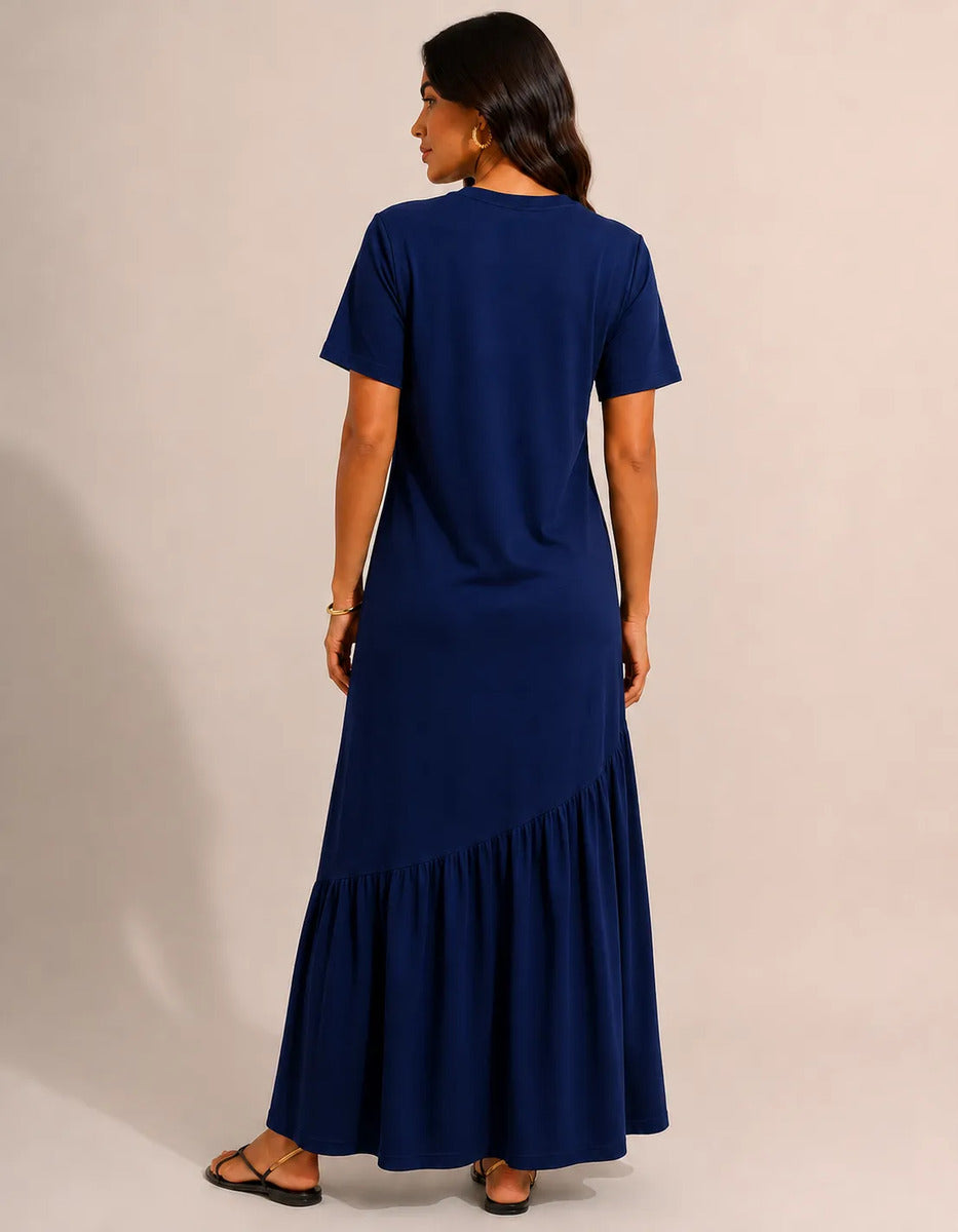 Vestido Longo Feminino Babado Assimétrico Malha Algodão Azul-marinho