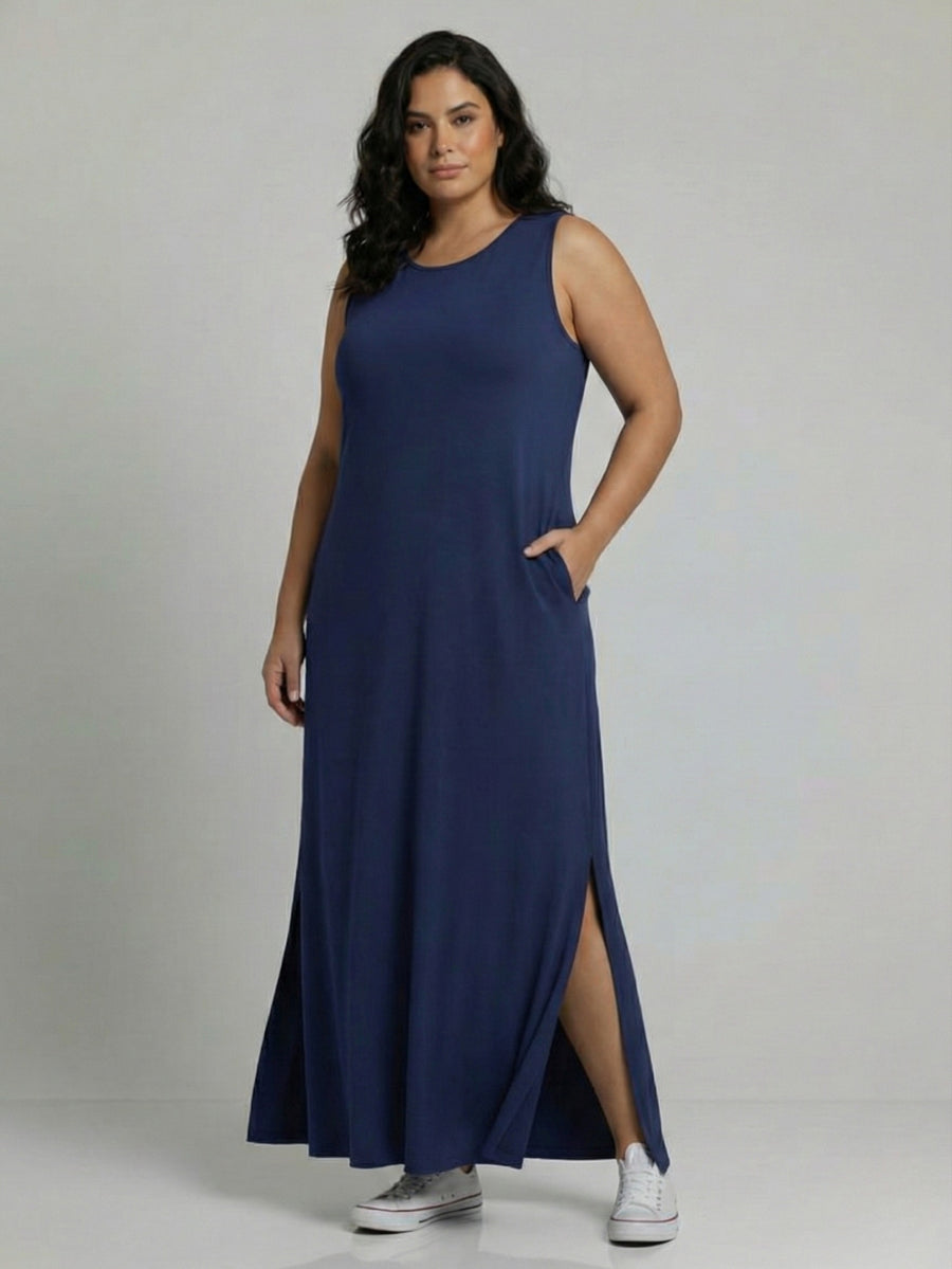 Vestido Longo Aveloz Viscolycra Soltinho Plus Size com Bolso Azul Marinho