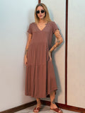 Vestido Midi Decote Em V Com Babados Na Barra Aveloz Serena Marrom