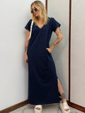 Vestido Longo de Algodão com Bolso Decote V Azul Marinho