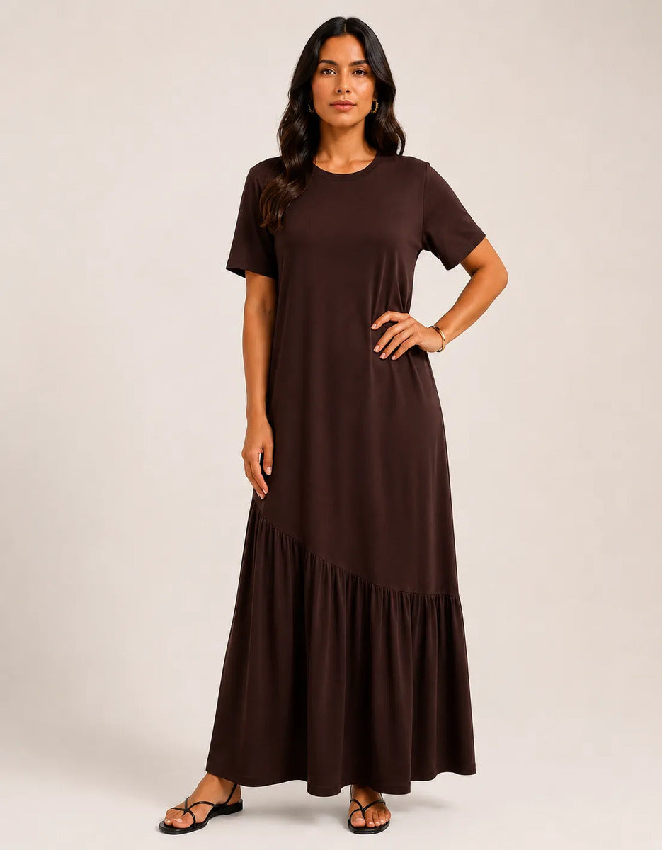 Vestido Longo Feminino Babado Assimétrico Malha Algodão Marrom-escuro