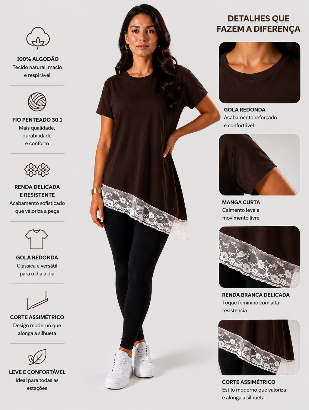 Blusa Assimétrica Feminina com Renda Marrom