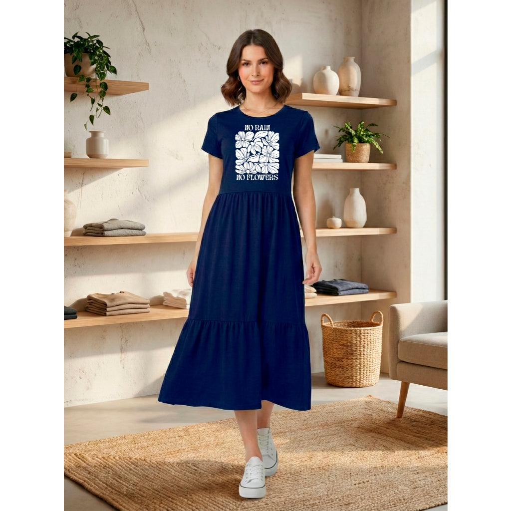 Vestido Midi Três Marias Feminino Aveloz de Algodão Estampa No Rain No Flowers