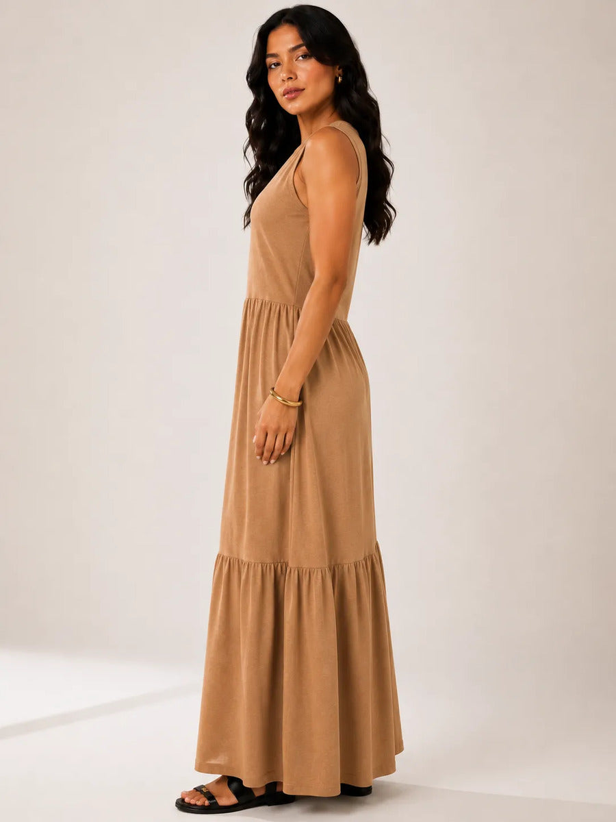 Vestido Longo Feminino Regata Três Marias Algodão Soltinho Caramelo