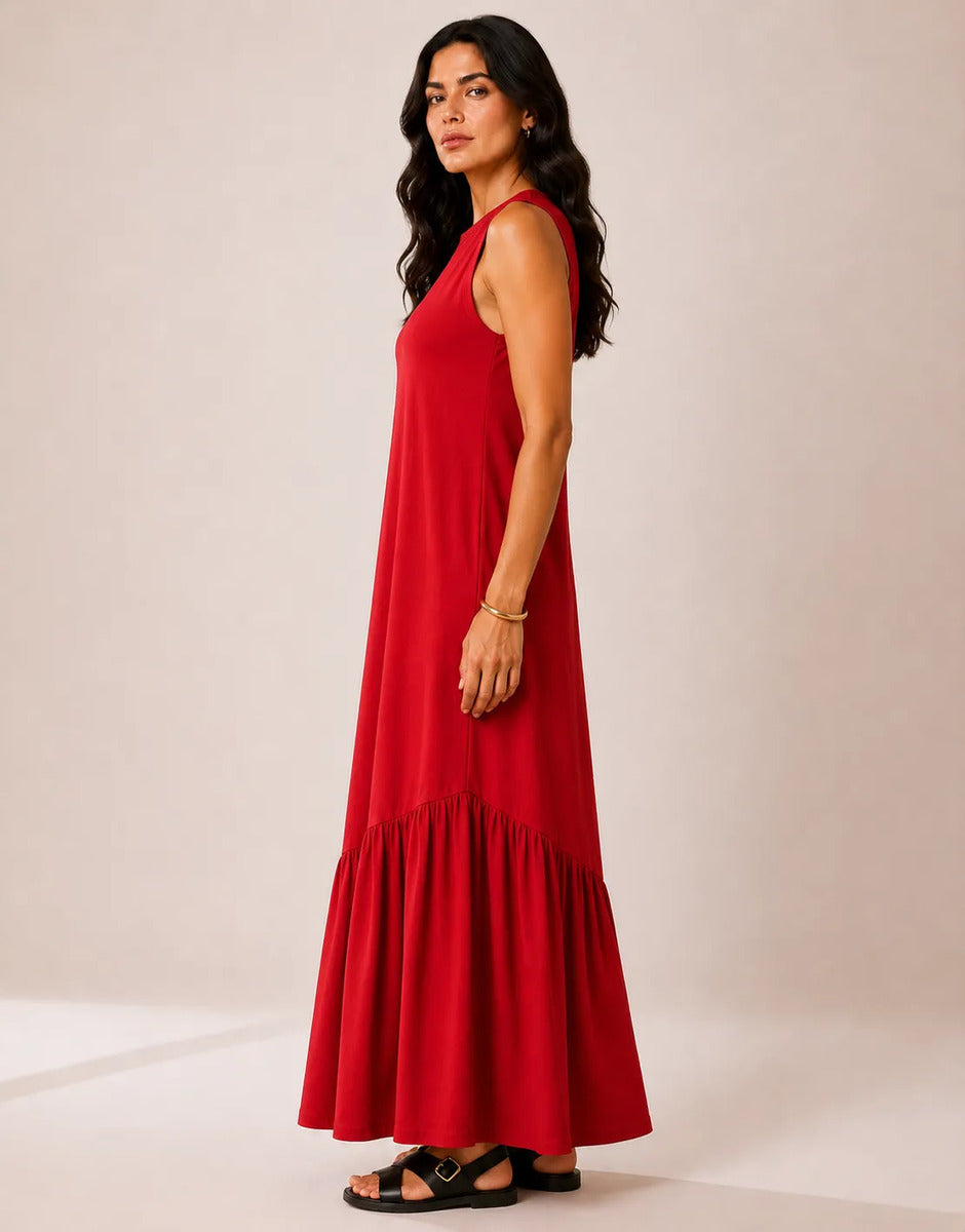 Vestido Longo Feminino Regata Babado Assimétrico Algodão Vermelho