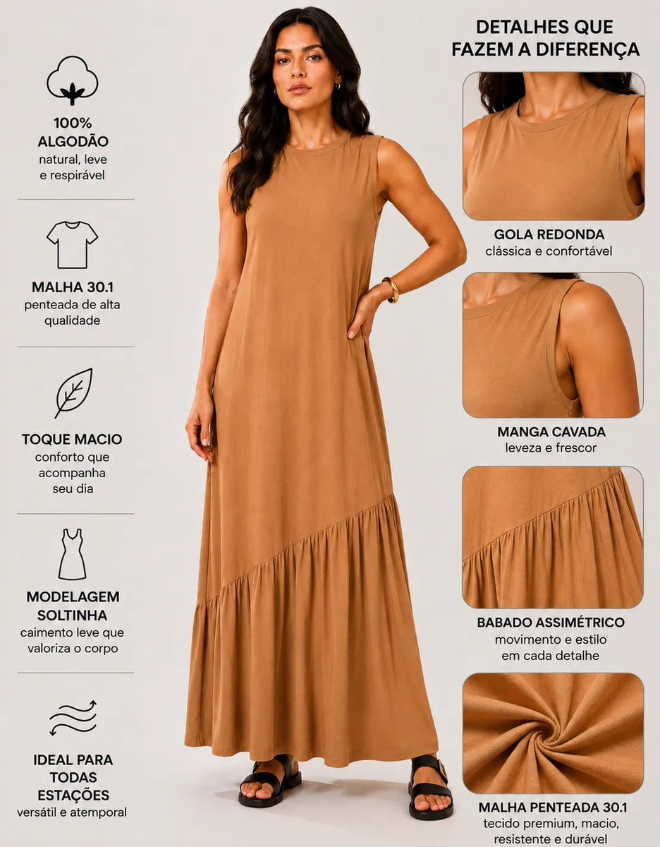 Vestido Longo Feminino Regata Babado Assimétrico Algodão Caramelo
