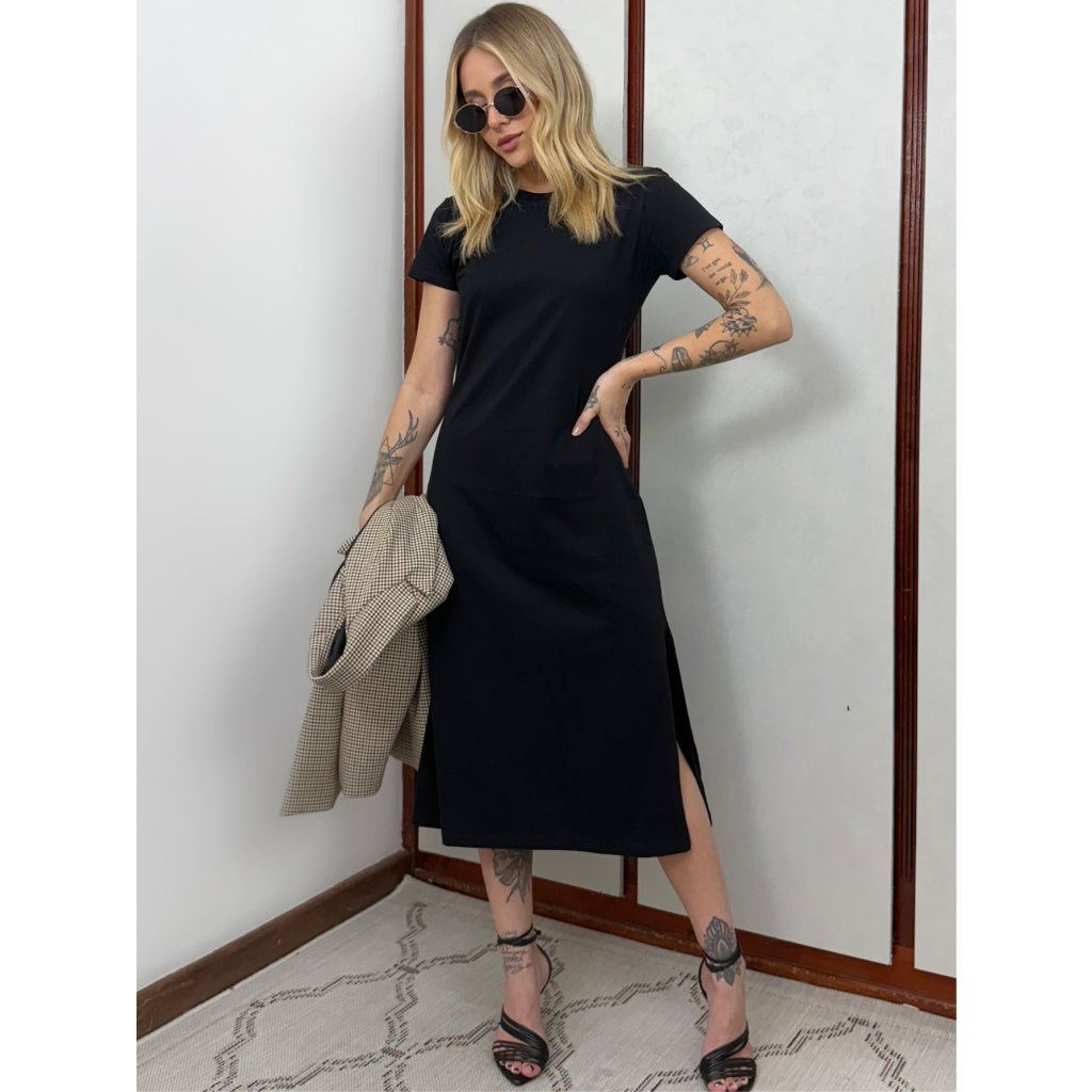 Vestido Mid Camiseta Com Fenda Aveloz Preto