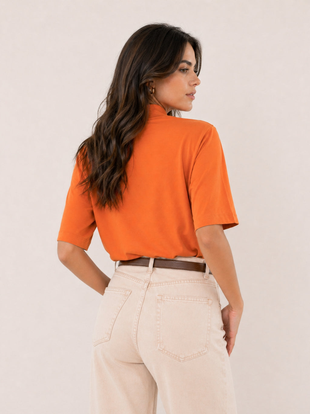 Camiseta Feminina T-shirt Aveloz Gola Alta E Manga 3/4 Laranja