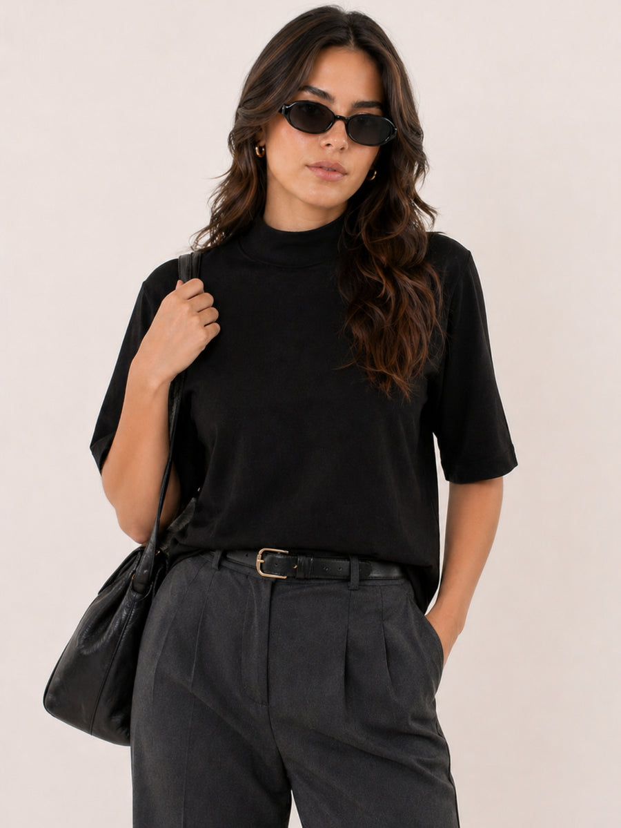 Camiseta Feminina T-shirt Aveloz Gola Alta E Manga 3/4 Preto