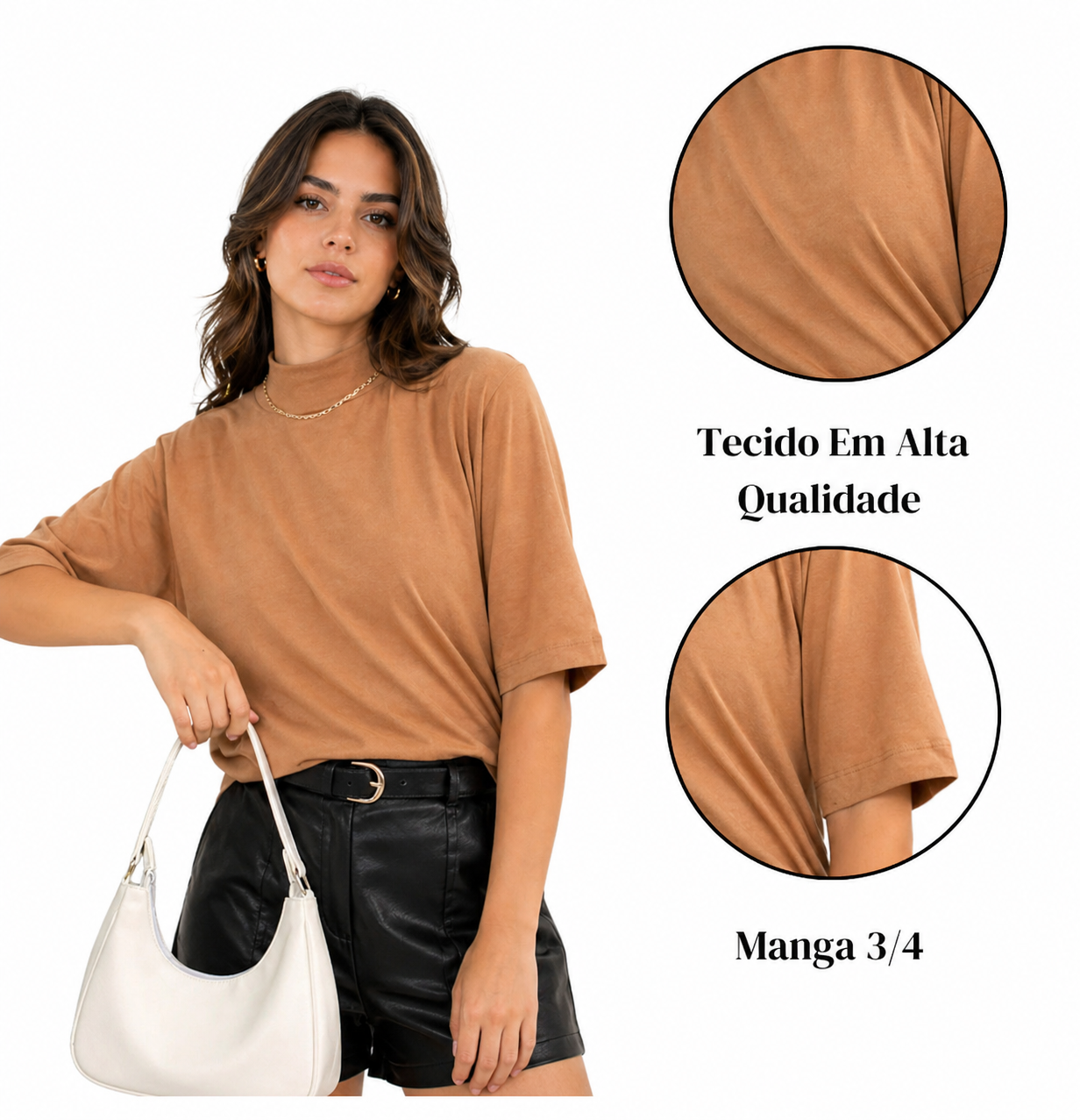 Camiseta Feminina T-shirt Aveloz Gola Alta E Manga 3/4 Caramelo