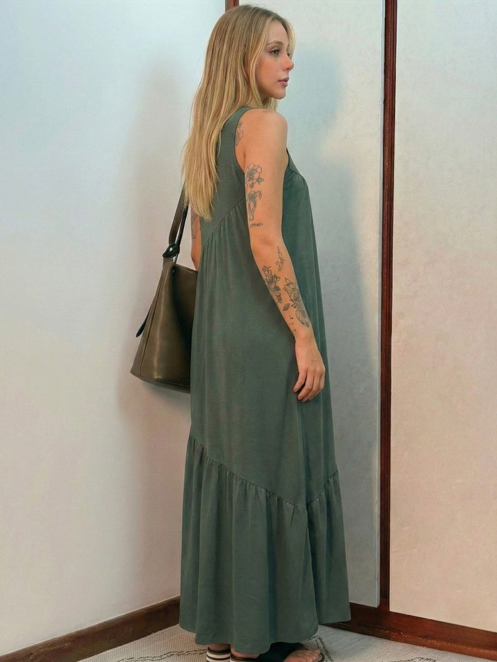 Vestido Longo Feminino Soltinho malha algodão Aveloz Verde Oliva