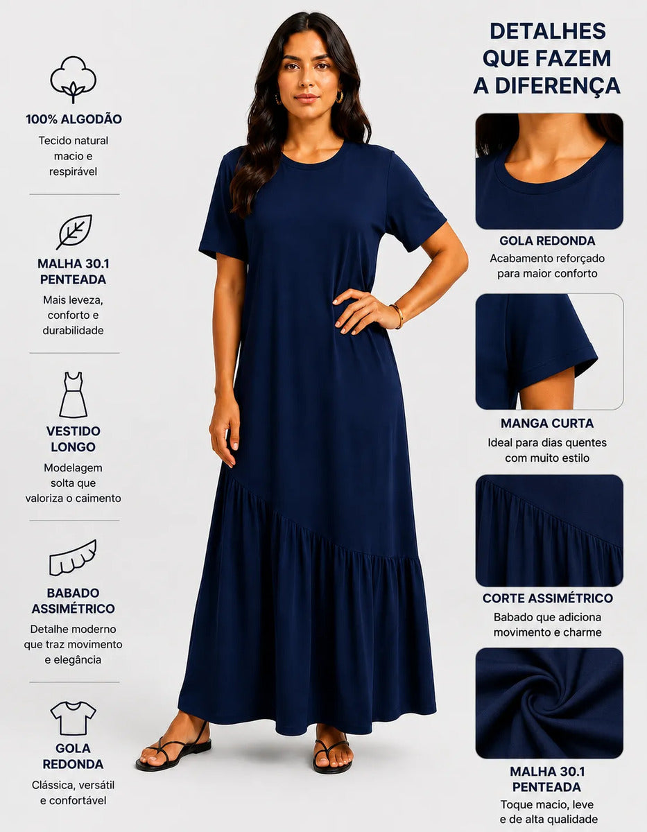 Vestido Longo Feminino Babado Assimétrico Malha Algodão Azul-marinho