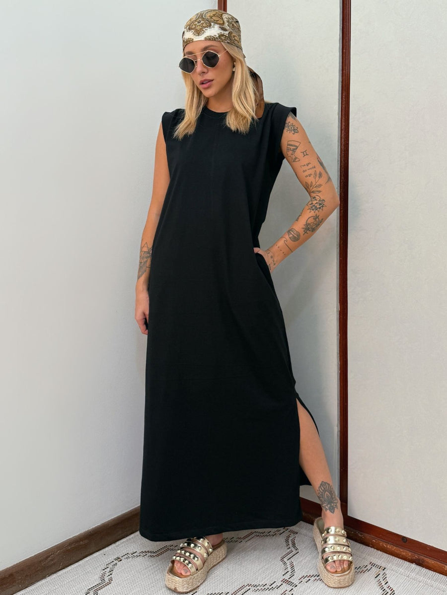 Vestido Longo Muscle Tee Em Algodão Com Bolso Aveloz Preto