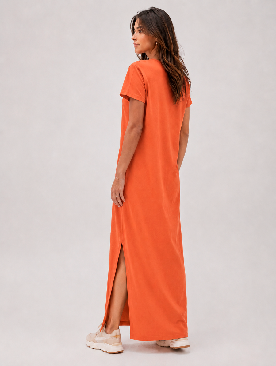 Vestido Longo de Algodão com Bolso Decote V Laranja
