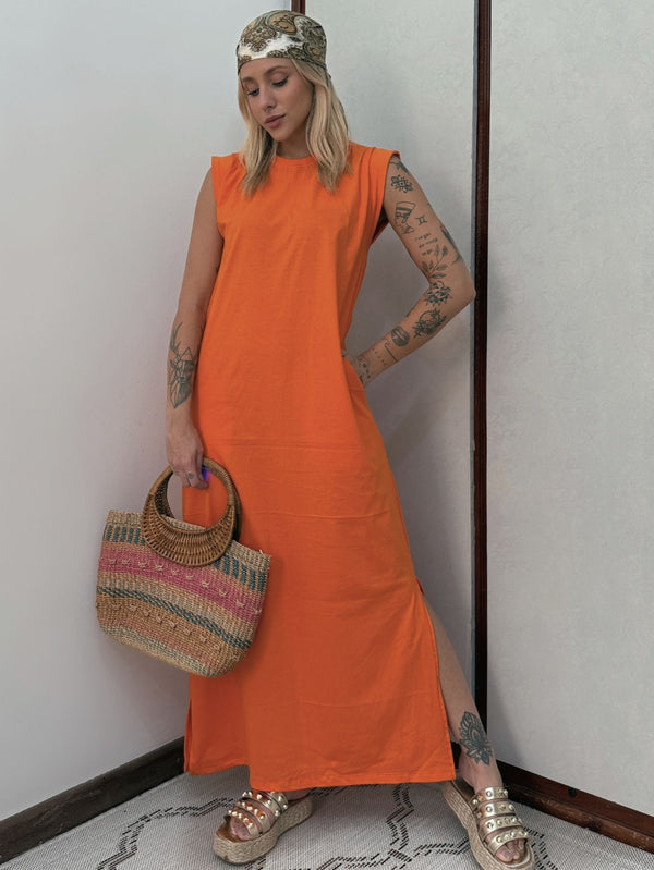Vestido Longo Muscle Tee em Algodão com Bolso Aveloz Laranja