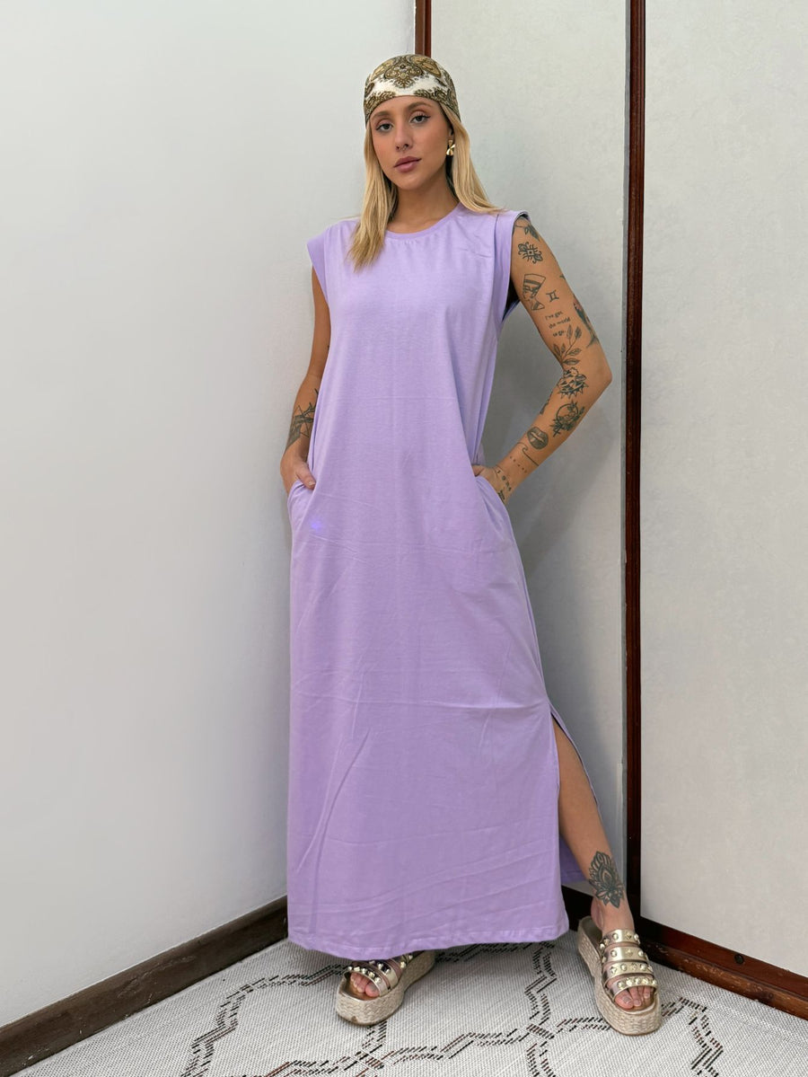 Vestido Longo Muscle Tee Em Algodão Com Bolso Aveloz Lilás