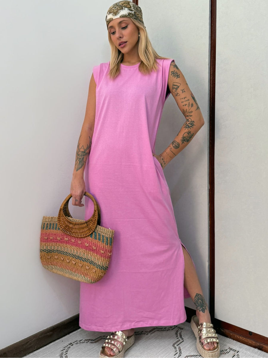Vestido Longo Muscle Tee Em Algodão Com Bolso Aveloz Rosa Blush