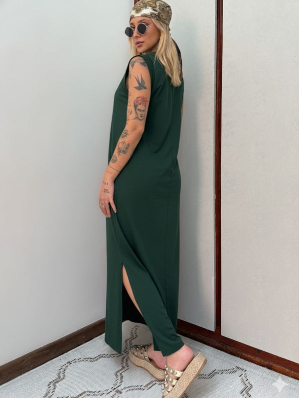 Vestido Longo Muscle Tee em Algodão com Bolso Aveloz Verde Floresta