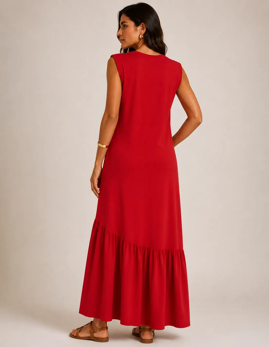 Vestido Longo Feminino Regata Babado Assimétrico Algodão Vermelho