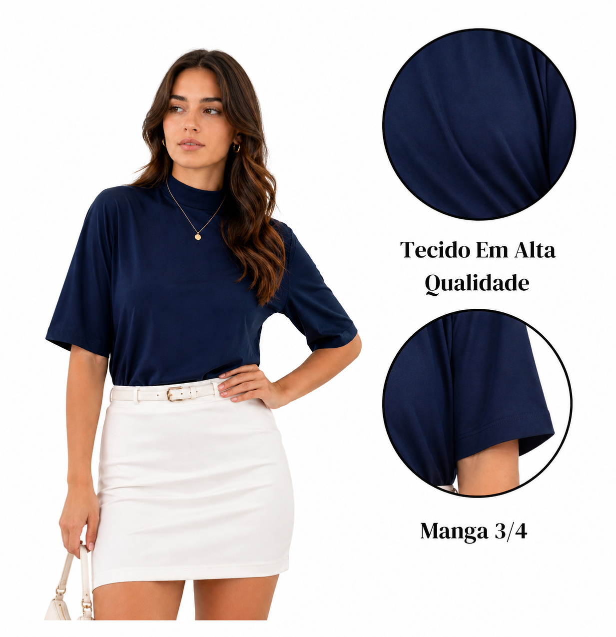 Camiseta Feminina T-shirt Aveloz Gola Alta E Manga 3/4 Azul-marinho