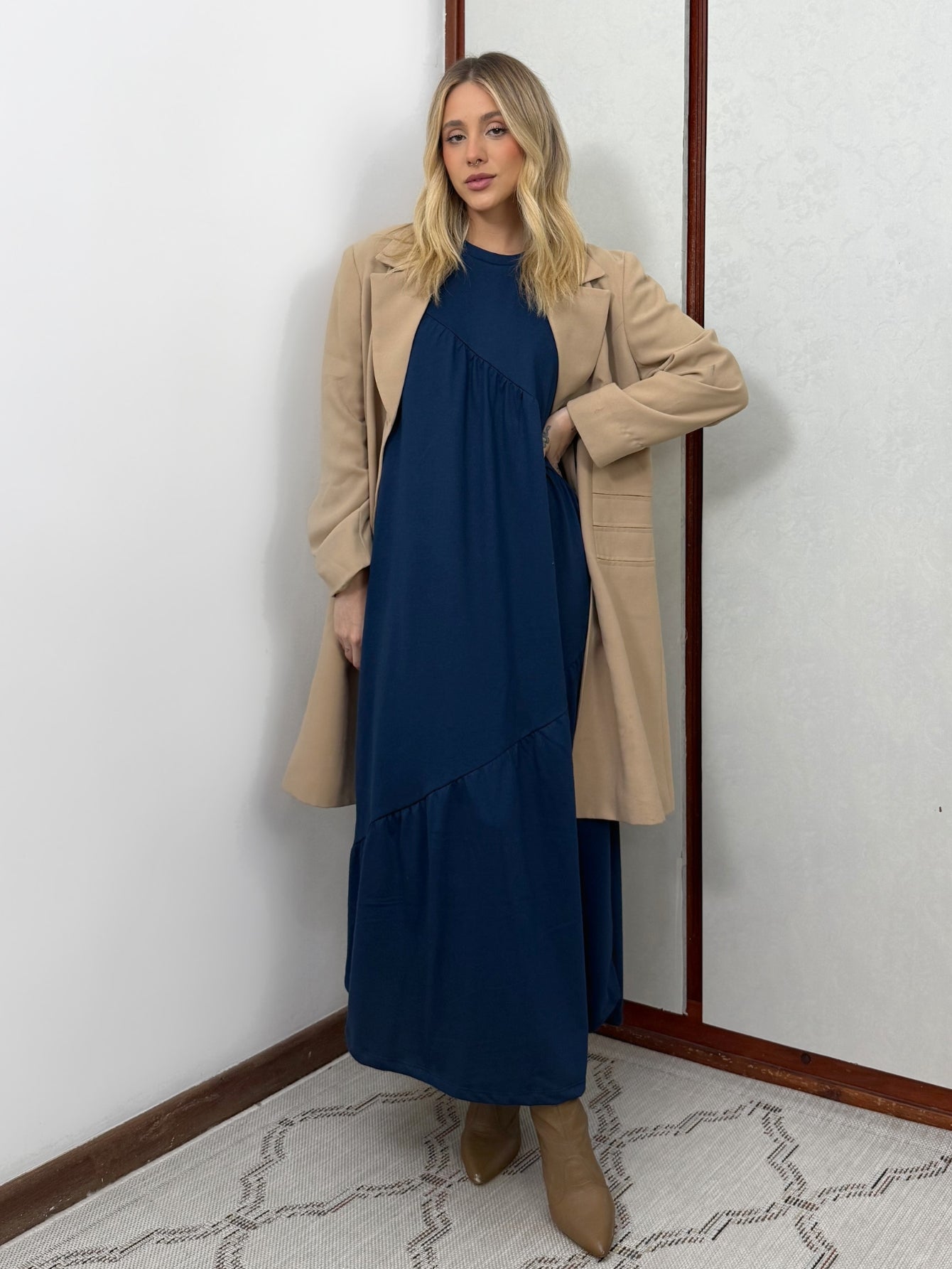 Vestido Longo Feminino Soltinho Malha Algodão Aveloz Azul Marinho