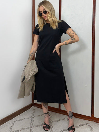Vestido Mid Camiseta Com Fenda Aveloz Preto