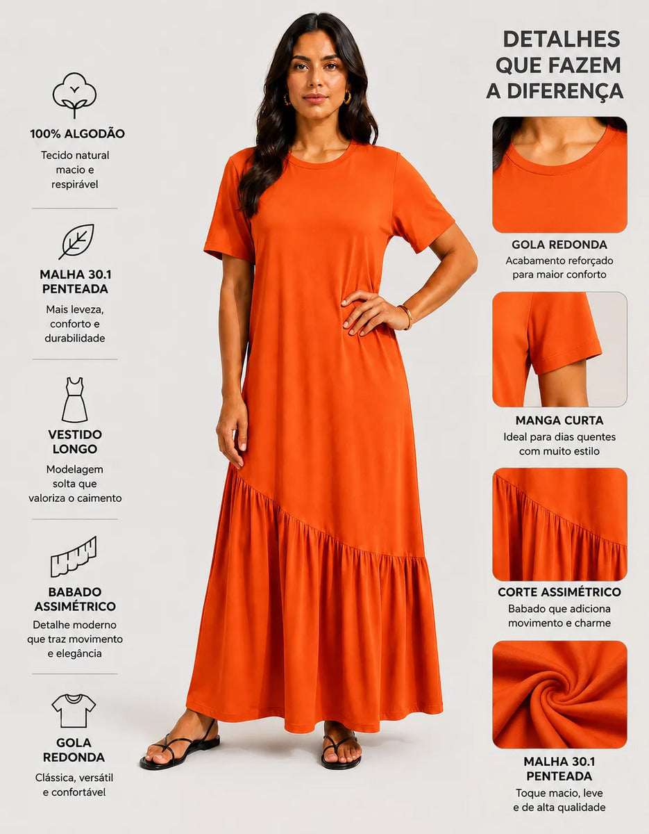 Vestido Longo Feminino Babado Assimétrico Malha Algodão Laranja