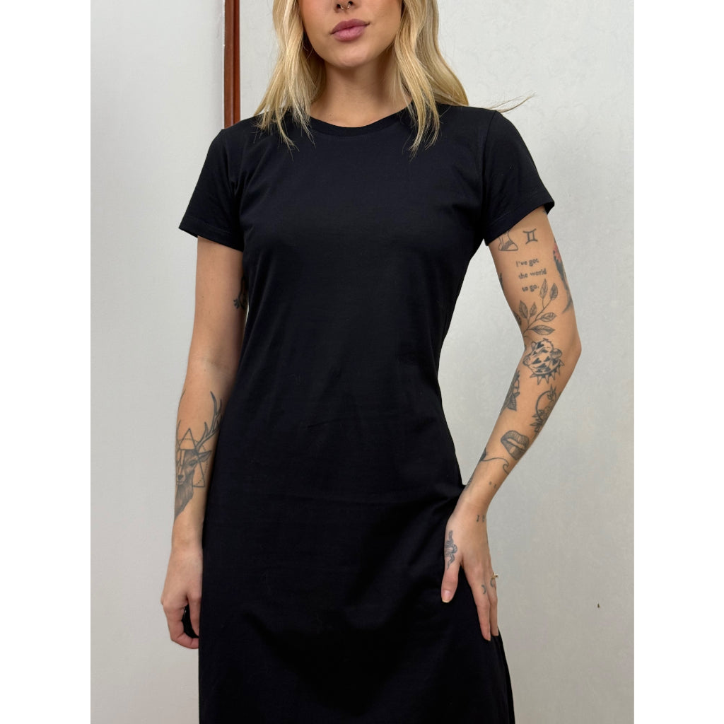 Vestido Mid Camiseta Com Fenda Aveloz Preto