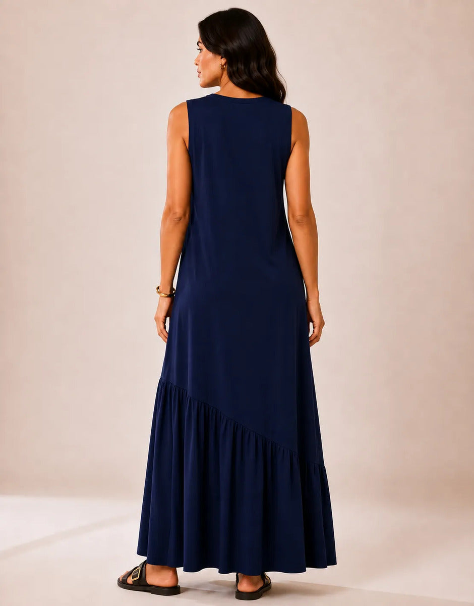 Vestido Longo Feminino Regata Babado Assimétrico Algodão Azul-marinho