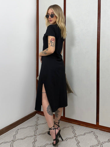 Vestido Mid Camiseta Com Fenda Aveloz Preto