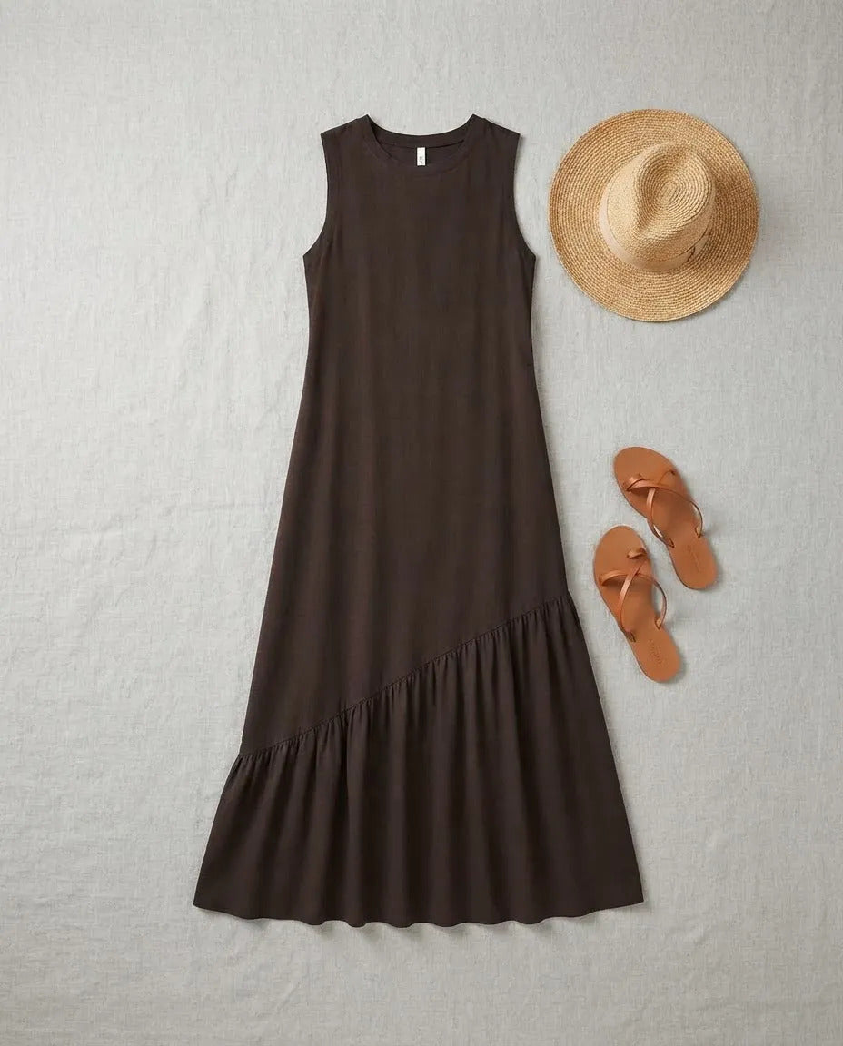 Vestido Longo Feminino Regata Babado Assimétrico Algodão Marrom-escuro