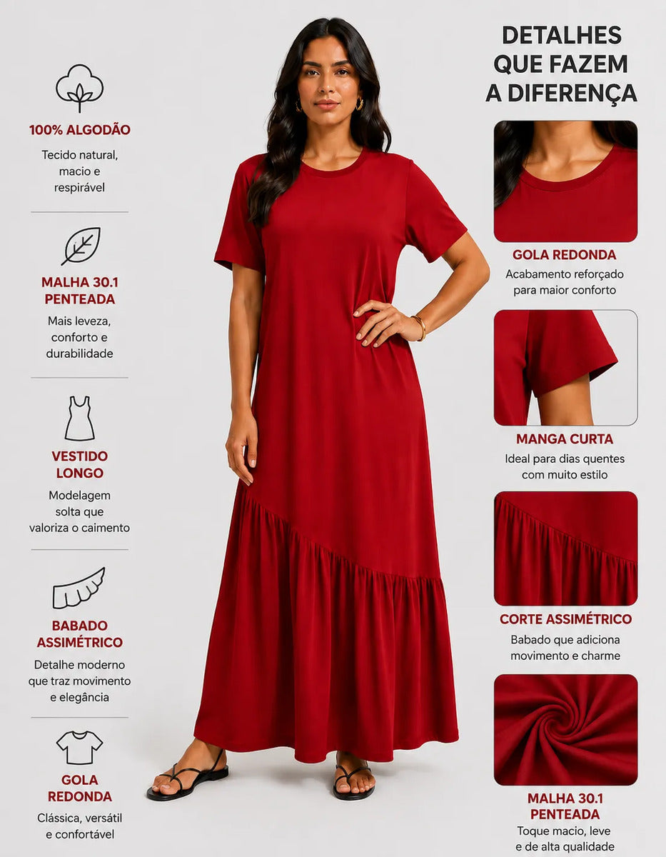 Vestido Longo Feminino Babado Assimétrico Malha Algodão Vermelho