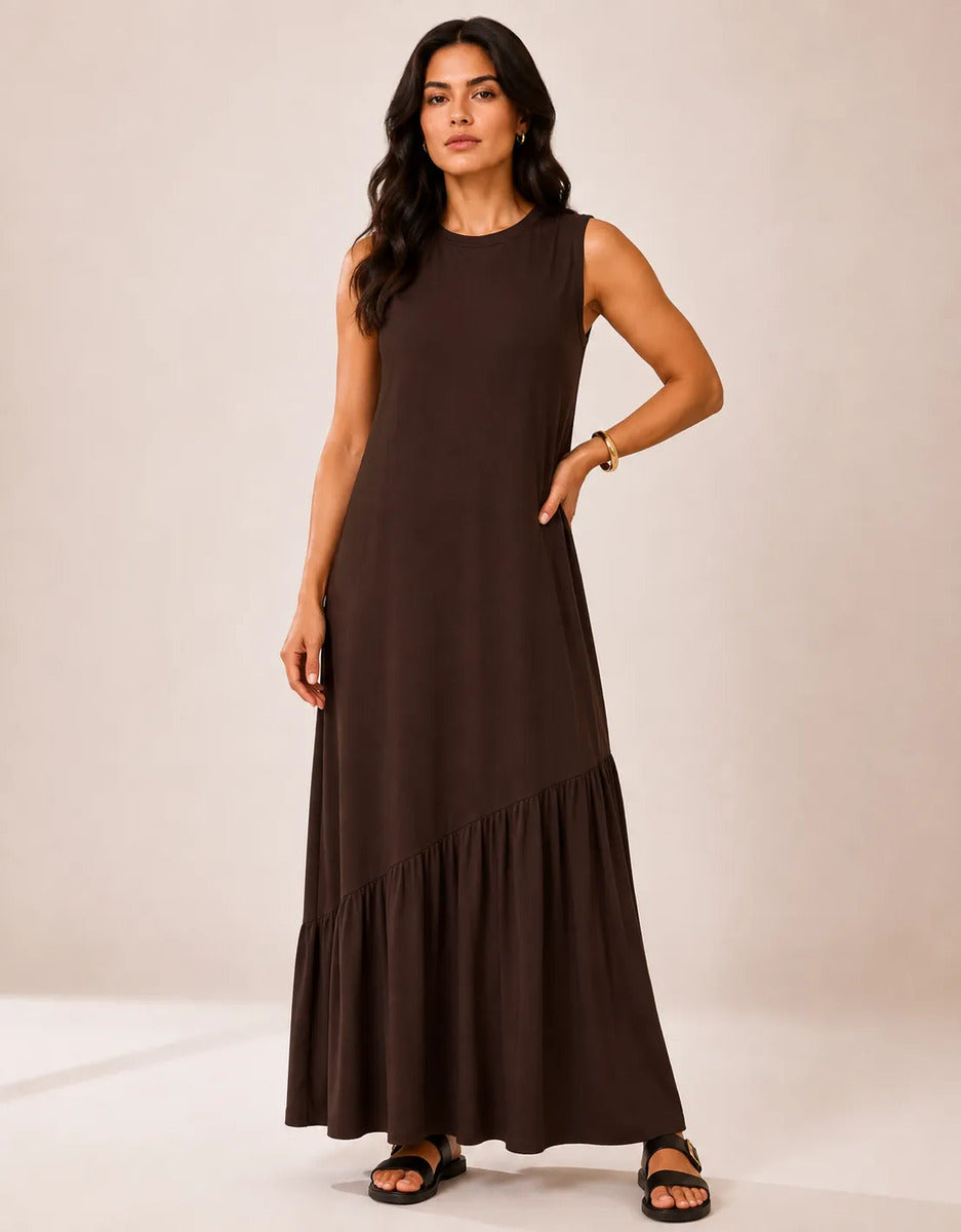 Vestido Longo Feminino Regata Babado Assimétrico Algodão Marrom-escuro