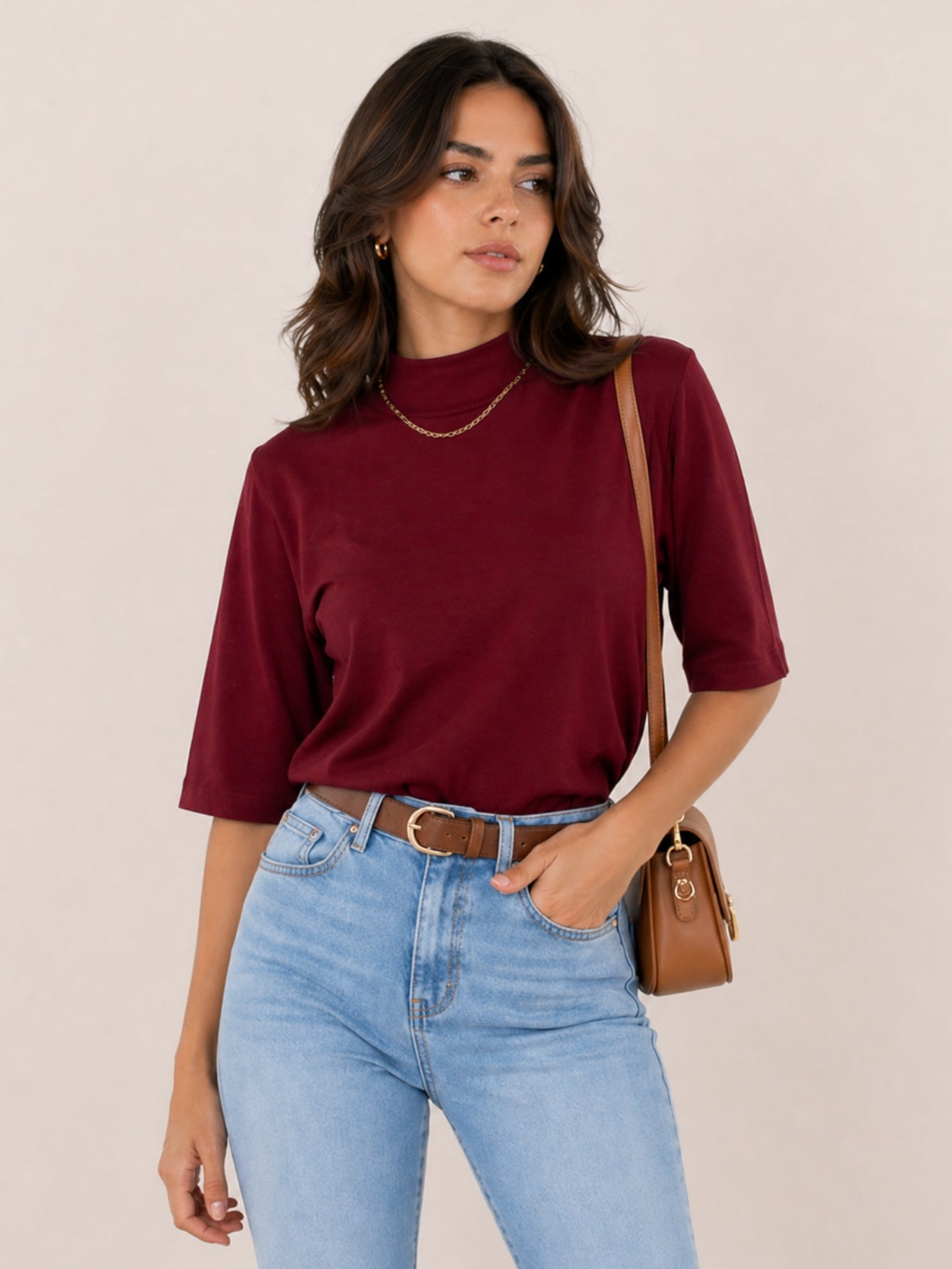 Camiseta Feminina T-shirt Aveloz Gola Alta E Manga 3/4